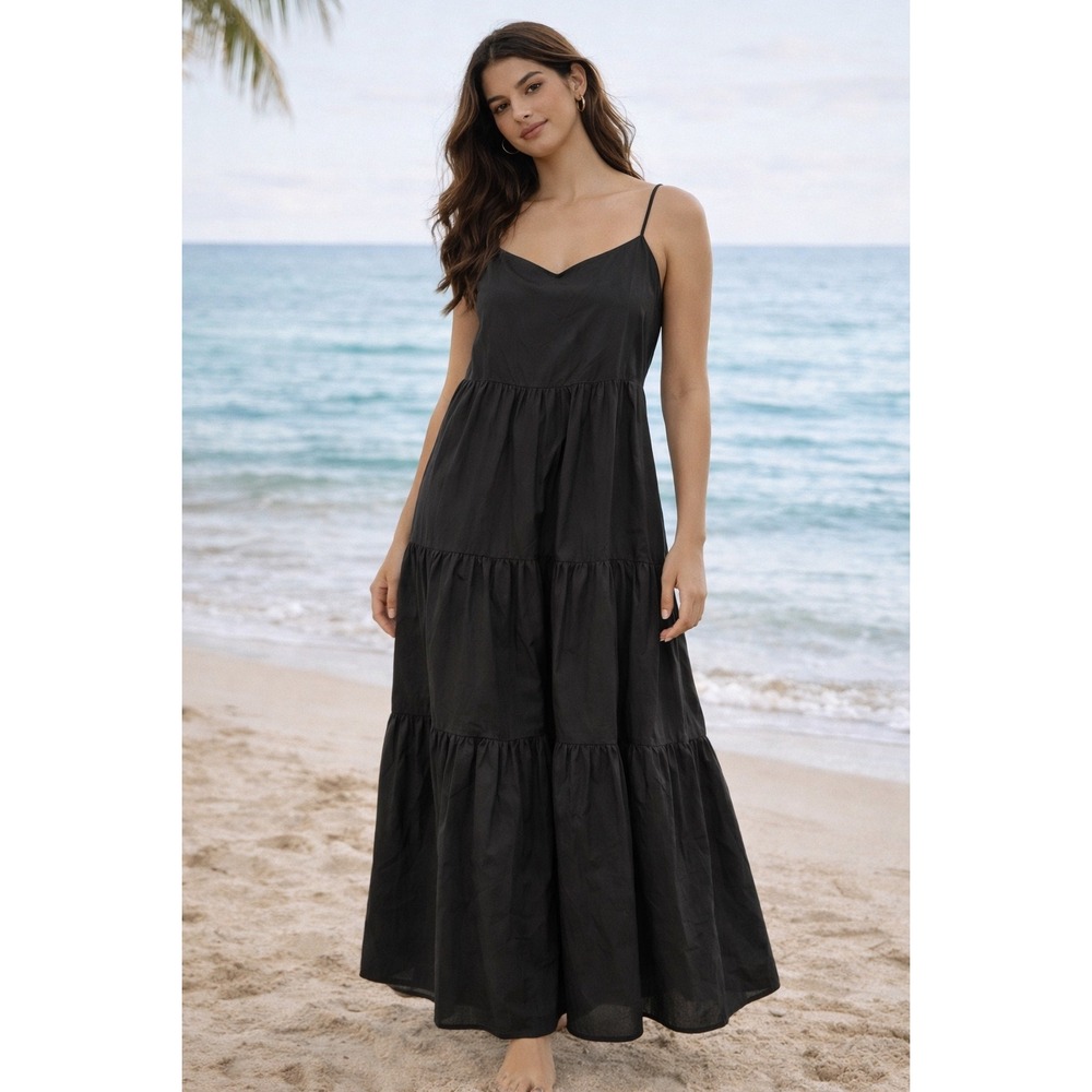 Aura XS/S Black Tiered Maxi Dress Spaghetti Strap Square‎ Neck Casual Sundress